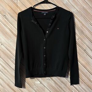 Tommy Hilfiger Black Lightweight Knit Button Up Cardigan Sweater Embroidered